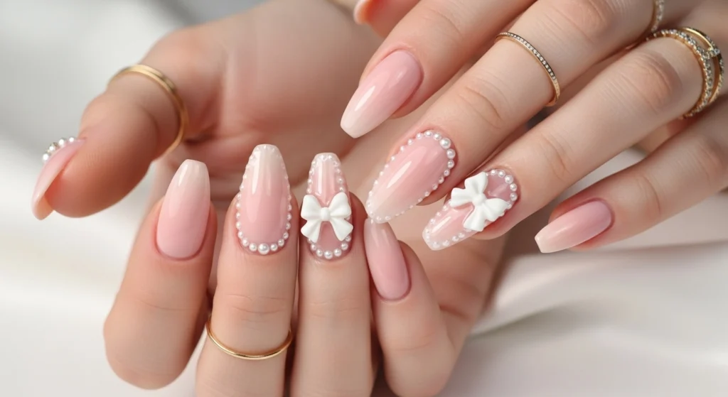 Latest nail art designs gallery featuring 3D bow and pearl nails