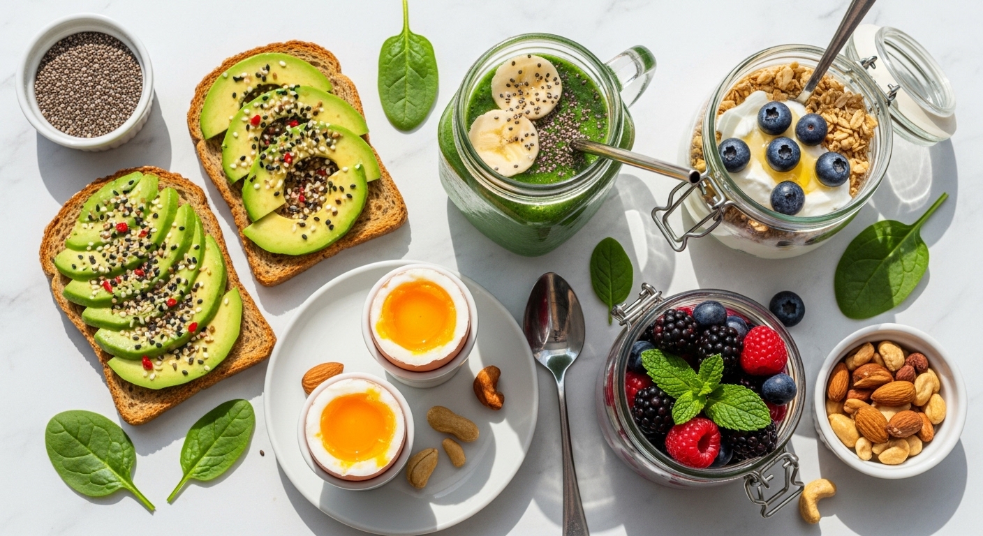 high protein breakfasts for energy and weight loss with eggs yogurt berries and smoothie