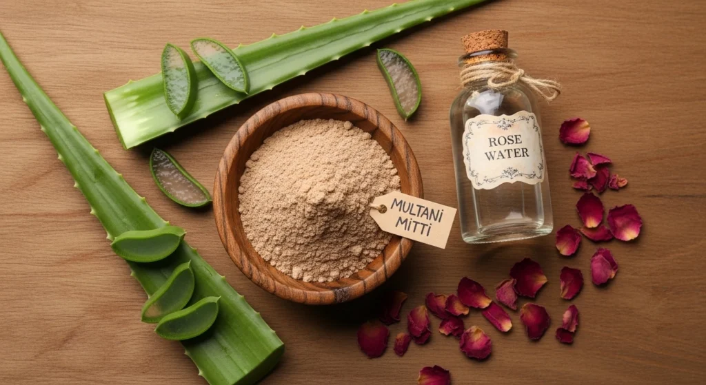 Natural oily skin home remedies including multani mitti and aloe vera