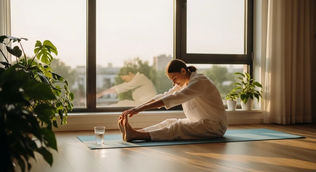  Morning self-care routine – gentle yoga stretch at sunrise