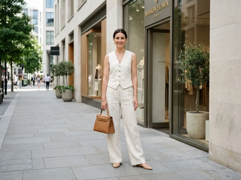 Ivory linen waistcoat with wide leg trousers.