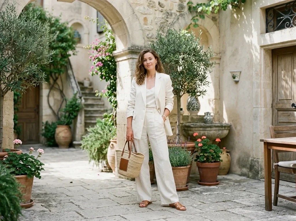 Woman wearing an ivory linen co ord set for summer.