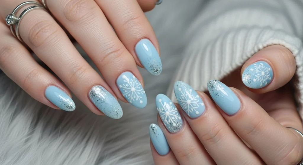 Trendy nail designs 2026 winter with white snowflake nail art