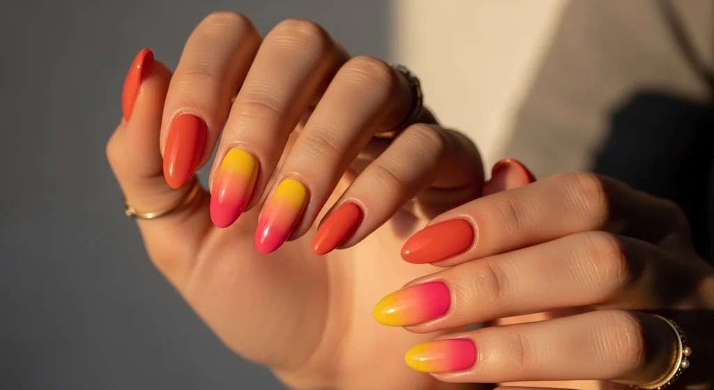 Trendy nail designs 2026 summer with sunset ombre gradient