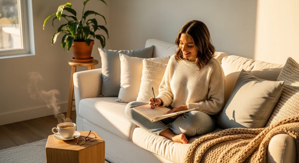 Self-care routine FAQ – woman journaling on cozy sofa 