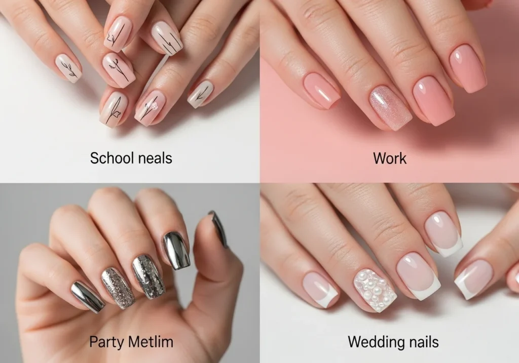 Short nail designs for different occasions including pastel school nails, nude office nails, chrome party nails, and elegant wedding nails displayed in a clean, modern aesthetic.