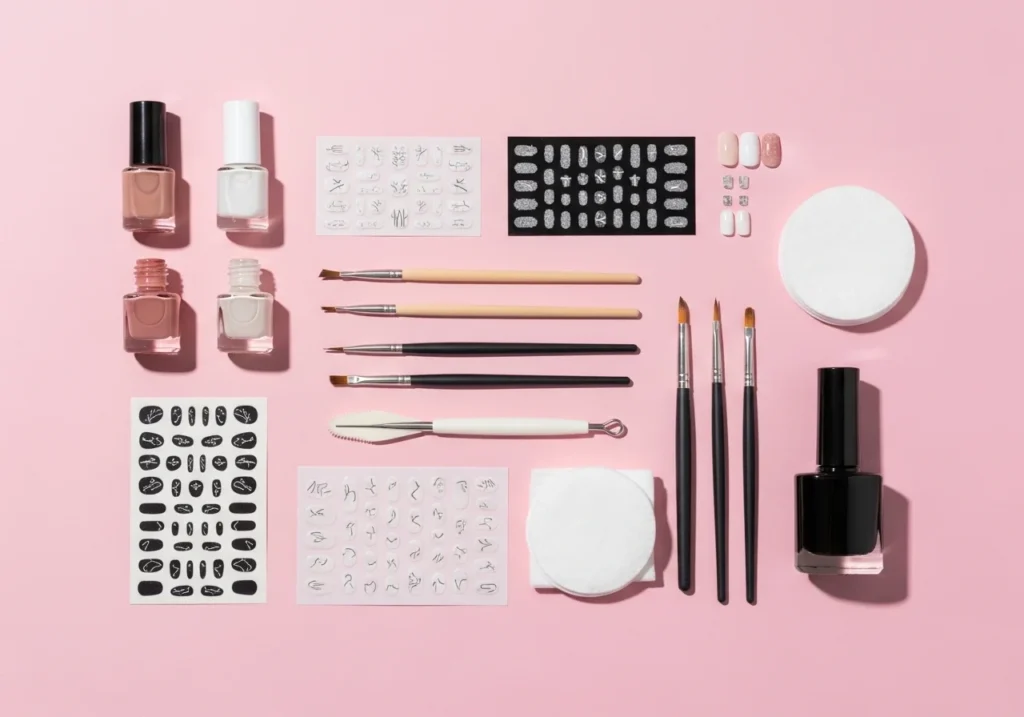 Flatlay of essential nail art tools for short nails, including nail polishes, detail brushes, dotting tools, nail stickers, a cleanup brush, and a glossy top coat arranged on a pastel background.