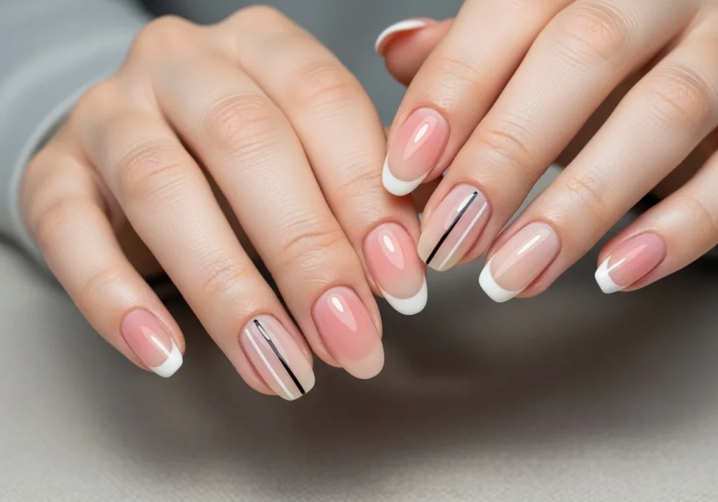 Short well-shaped nails styled with nude and pastel colors, minimal lines, and French tips for a polished everyday look.
