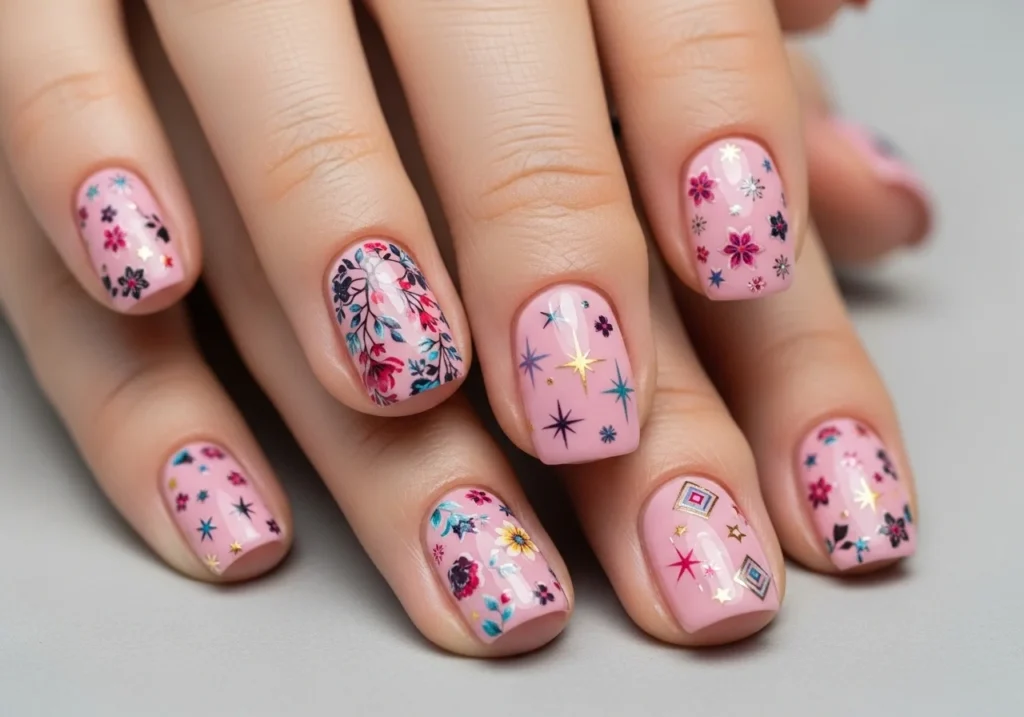 Short nails decorated with colorful nail stickers including flowers, stars, and geometric designs on a glossy pastel base.