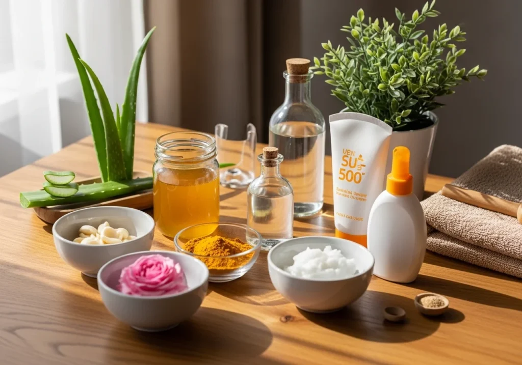 Warm flatlay of natural skincare ingredients for a home skincare routine.