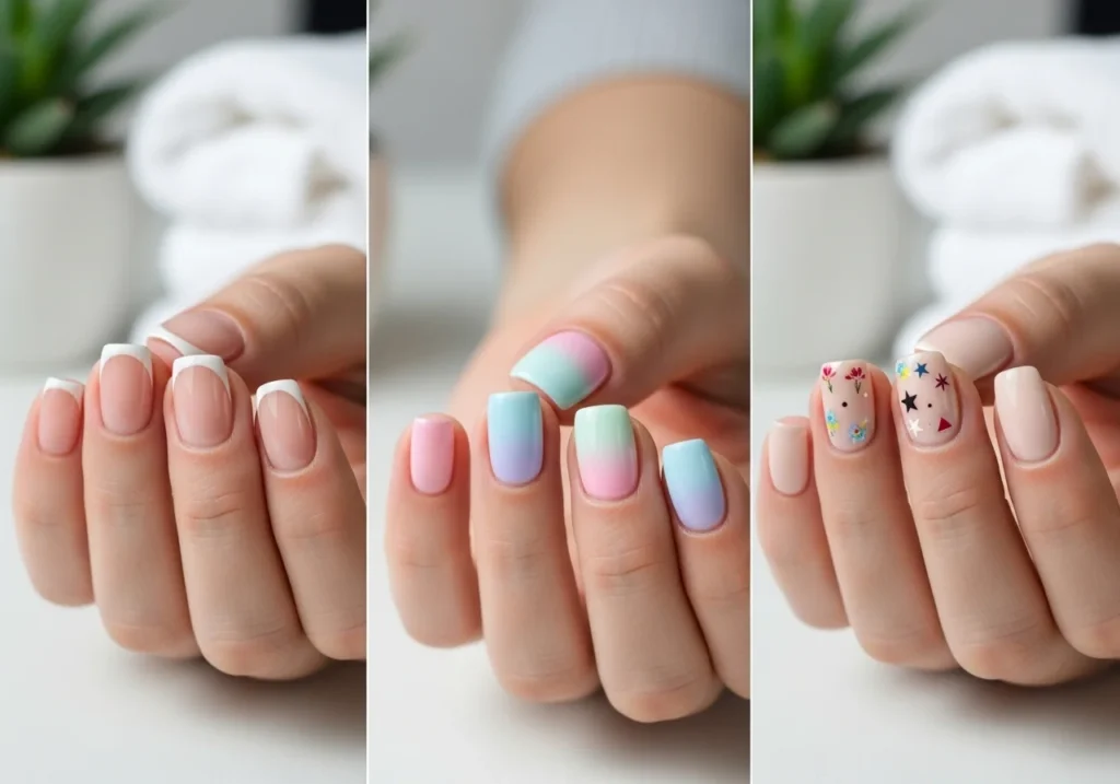 Easy short nail designs including French tips, gradients, and sticker art.