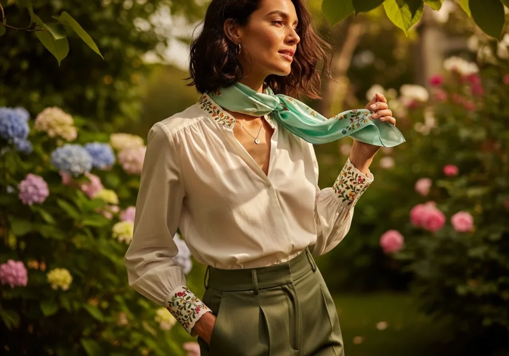 Woman wearing a chic spring outfit with light fabrics, pops of color, and subtle patterns, demonstrating pro styling tips for spring fashion.