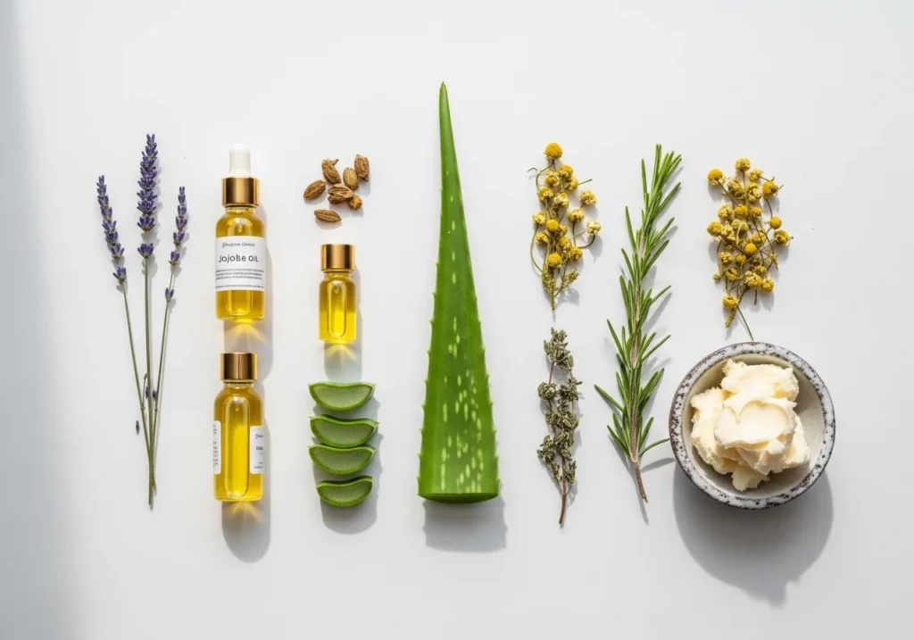 Minimal flatlay of natural skincare ingredients like aloe vera, jojoba oil, shea butter, and herbs