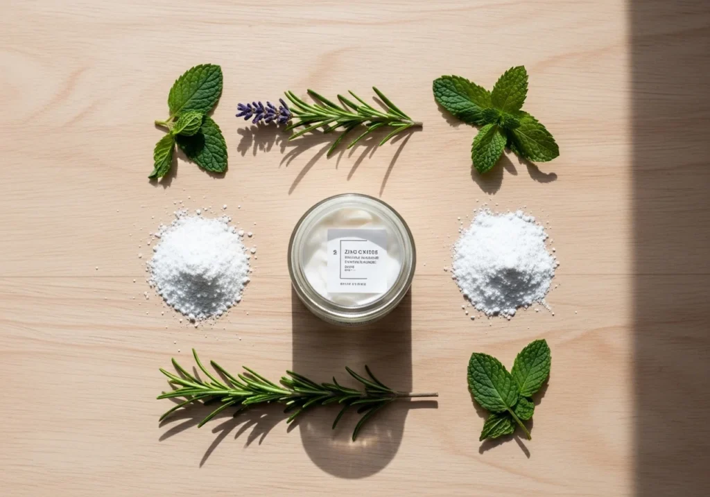 Flatlay of natural sunscreen ingredients including zinc oxide, titanium dioxide, and herbal elements on a light wooden surface with soft natural lighting and realistic textures.