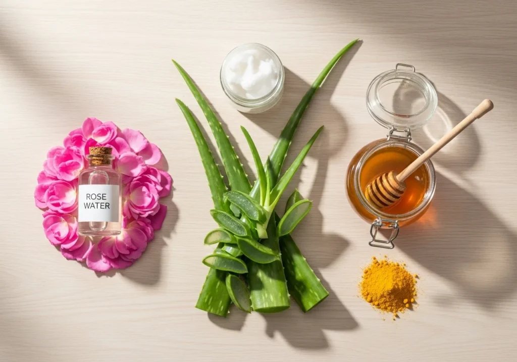 Minimalistic flatlay of natural skincare ingredients including aloe vera, honey, turmeric, rose water, and coconut oil on a light wooden surface with soft natural lighting.
