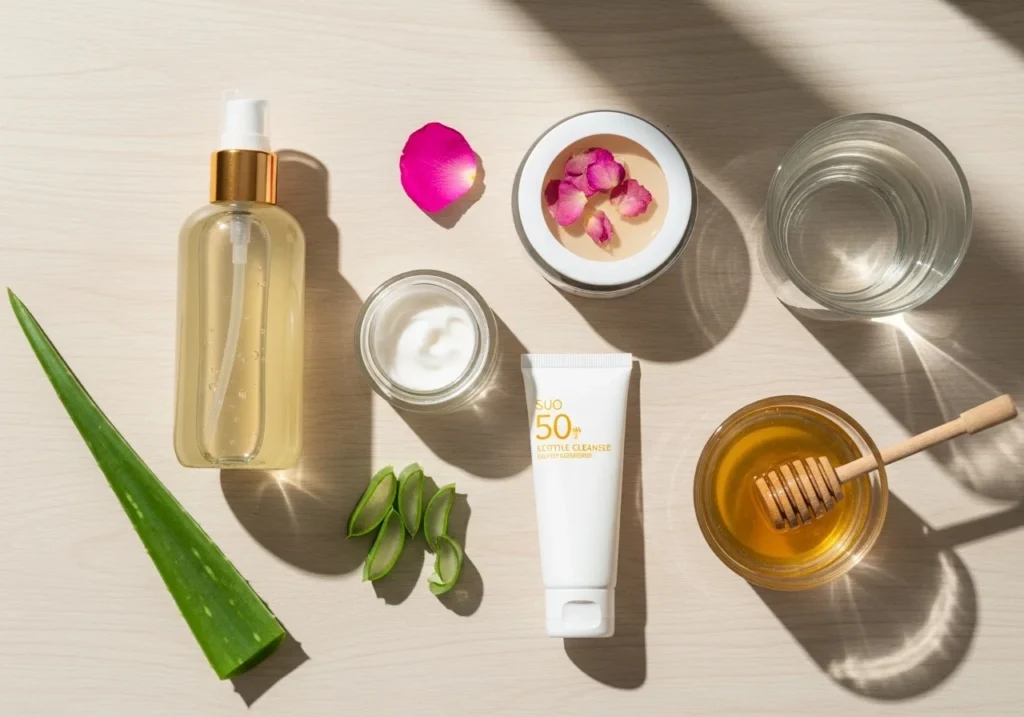 Flatlay of beginner-friendly natural skincare essentials including cleanser, moisturizer, toner, sunscreen, aloe vera, honey, and a glass of water on a light wooden surface with soft natural lighting and realistic textures.