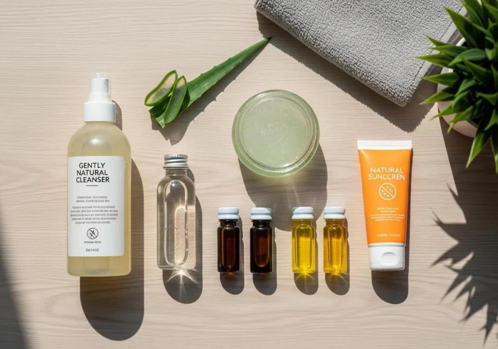 Flatlay of beginner-friendly natural skincare products at home including cleanser, toner, moisturizer, and sunscreen.