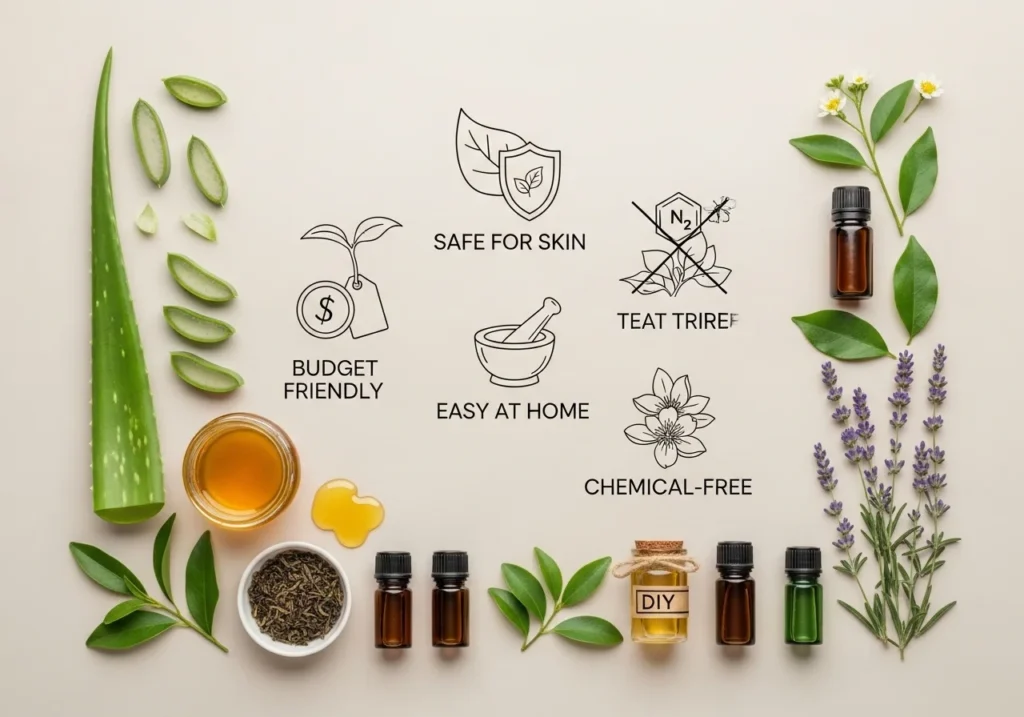 Natural skincare ingredients and icons showing benefits like safe, budget-friendly, and chemical-free