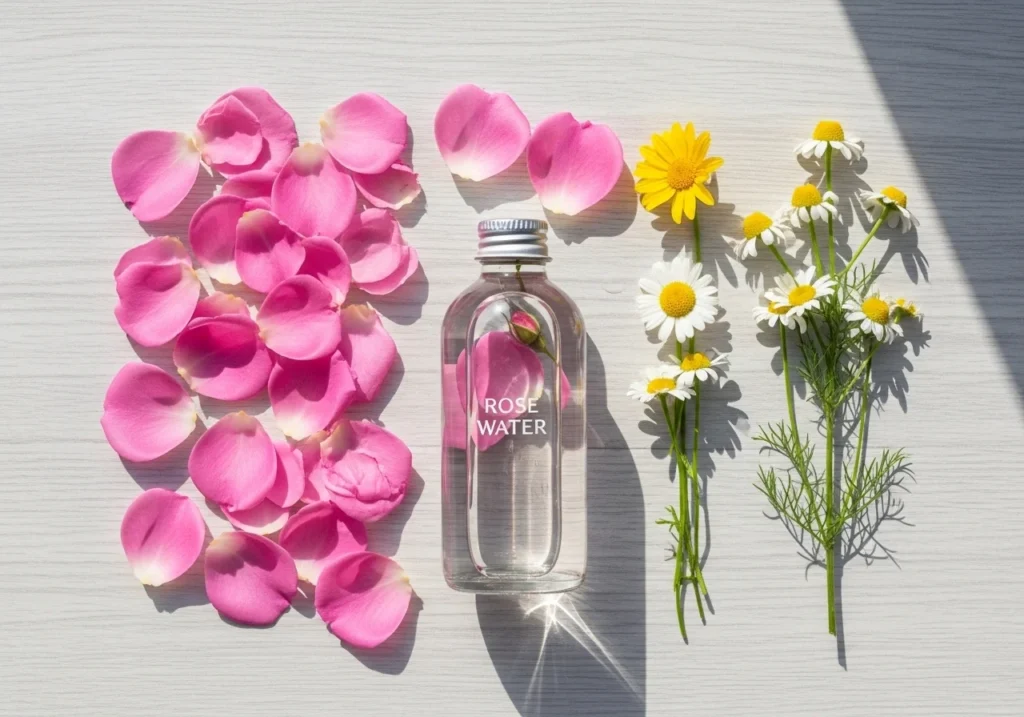 Flatlay of natural toner ingredients, featuring rose petals, rose water, and chamomile flowers on a light wooden surface with soft natural lighting.