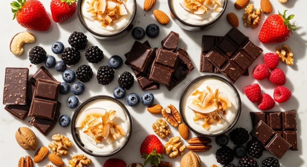Assortment of easy sugar free desserts for weight loss on a marble surface