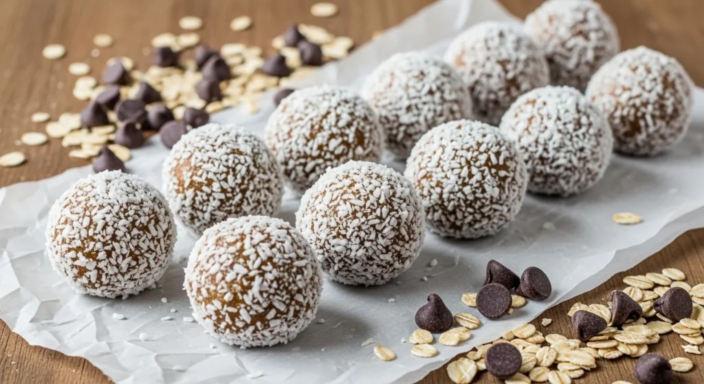 No bake sugar free coconut energy balls on parchment paper