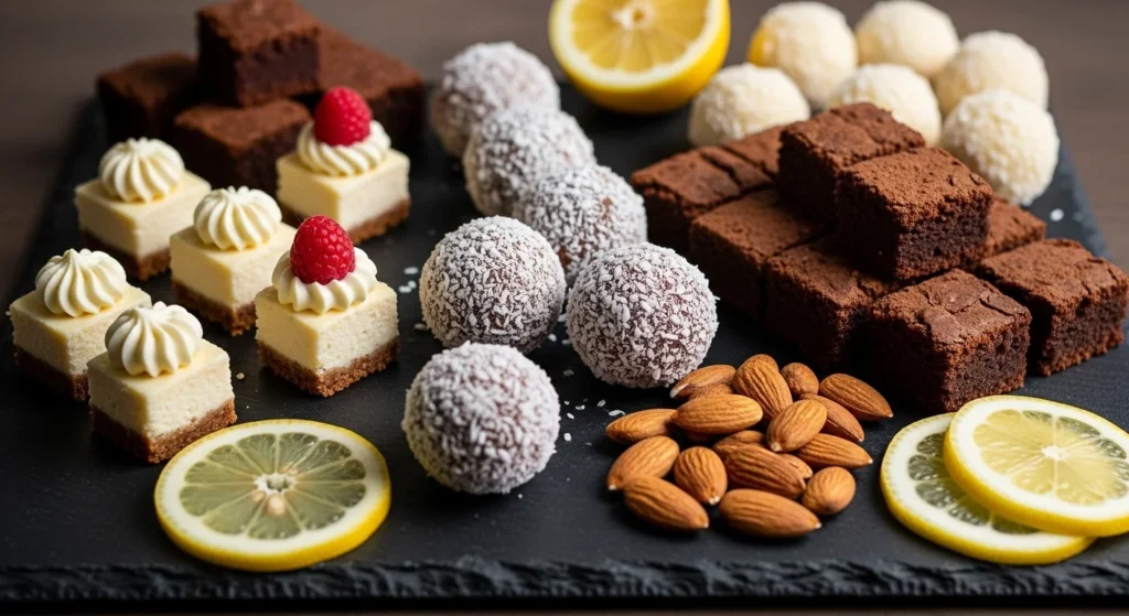 Keto sugar free desserts spread on a dark slate board