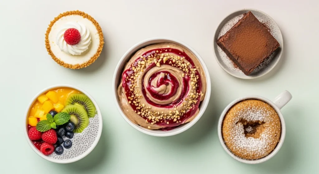 Variety of healthy sugar free desserts in small bowls