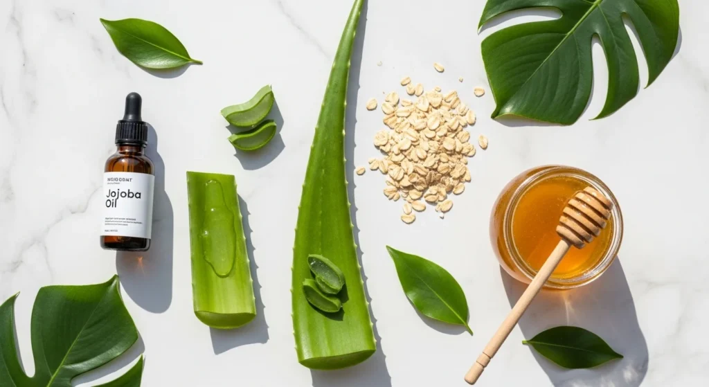 Natural skincare routine products flat lay on white marble surface