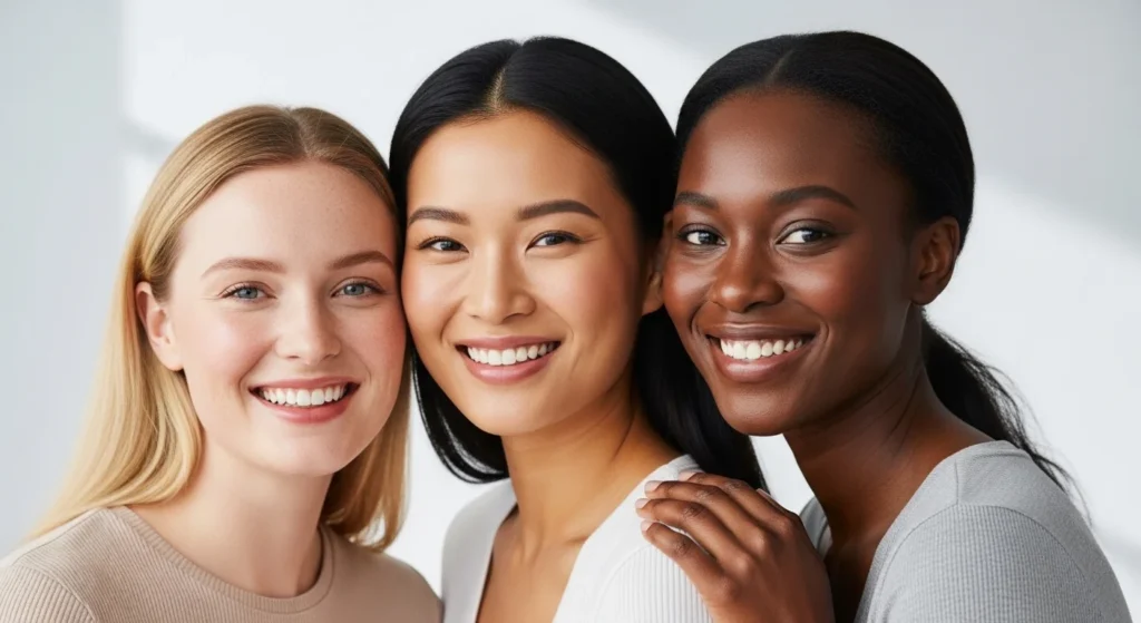 Women with different skin types and tones benefiting from a natural skincare routine