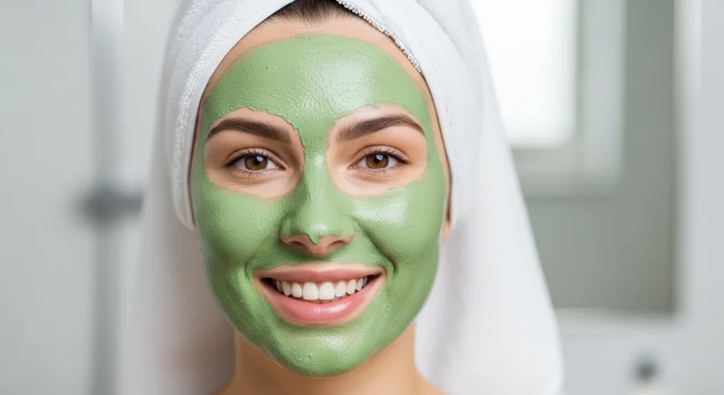 Woman using a natural green clay detox mask as part of her weekly skincare treatment
