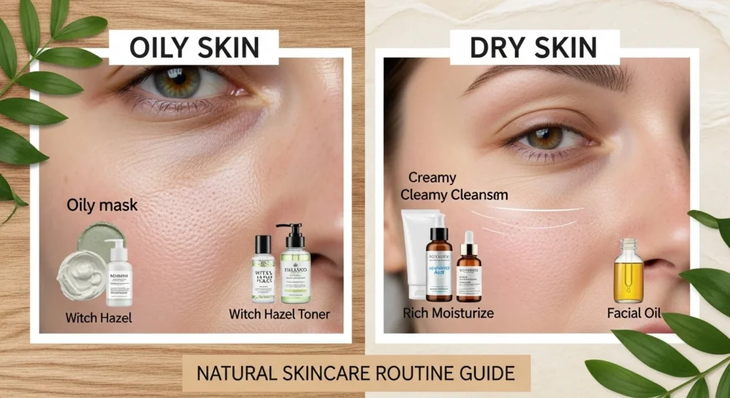 Comparison of oily skin and dry skin types for natural skincare routine guide