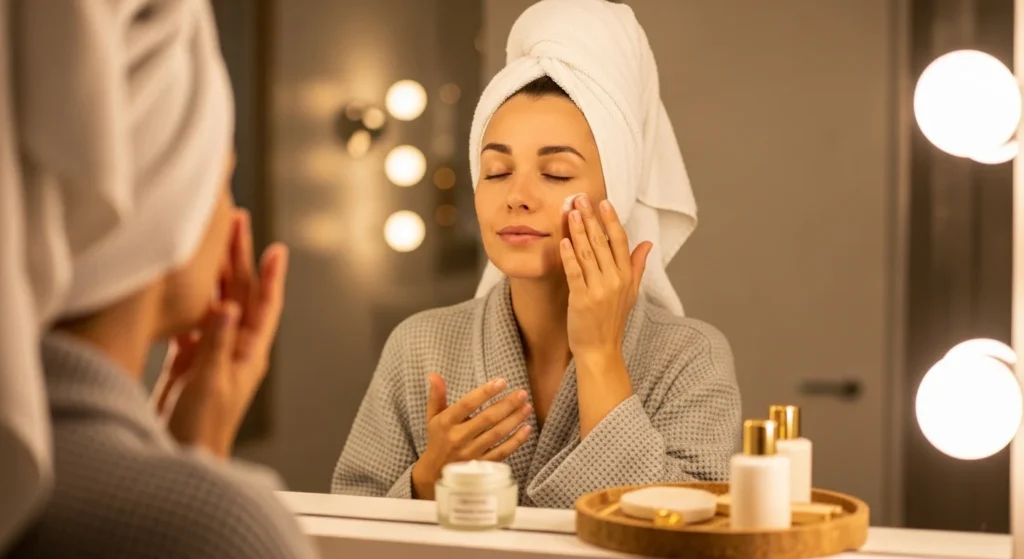 Woman applying natural night cream as the last step of her evening skincare routine