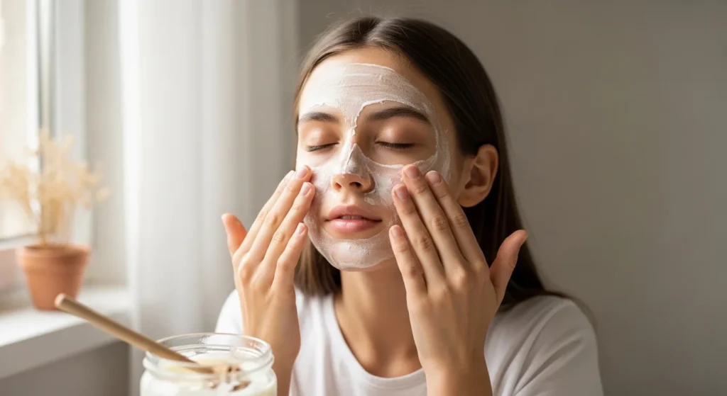  A girl applying a homemade face mask made of honey and yogurt.