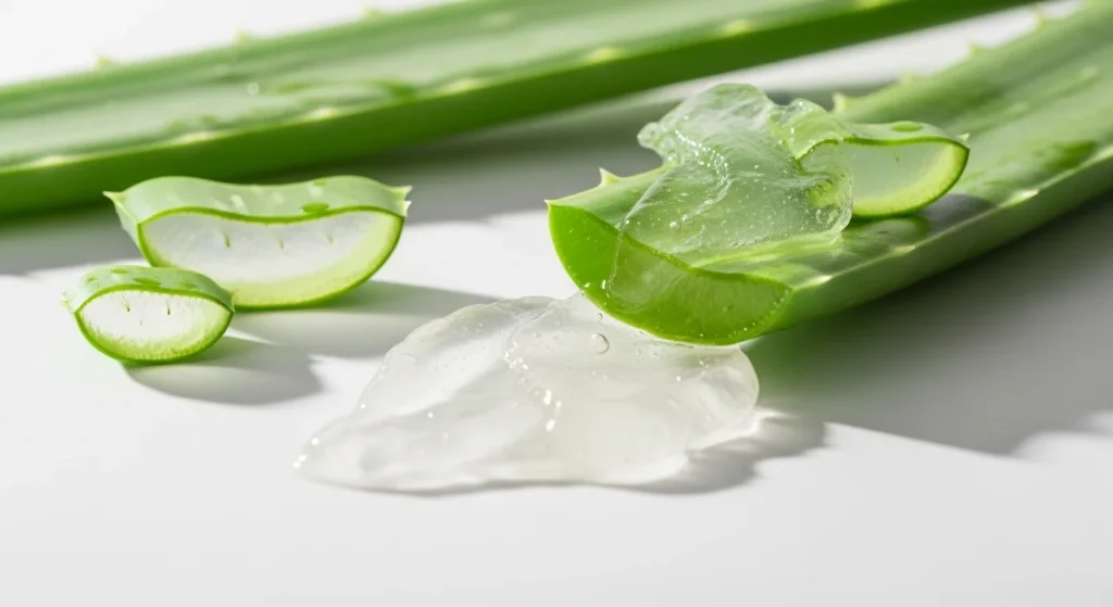 Fresh aloe vera leaves and gel being applied to the skin.