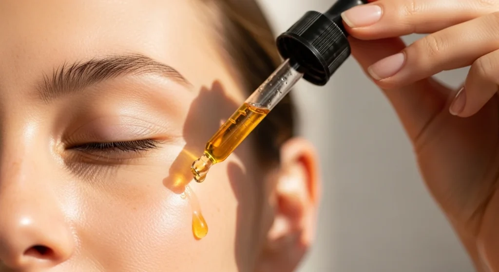 A dropper of Vitamin C serum being applied to the face.