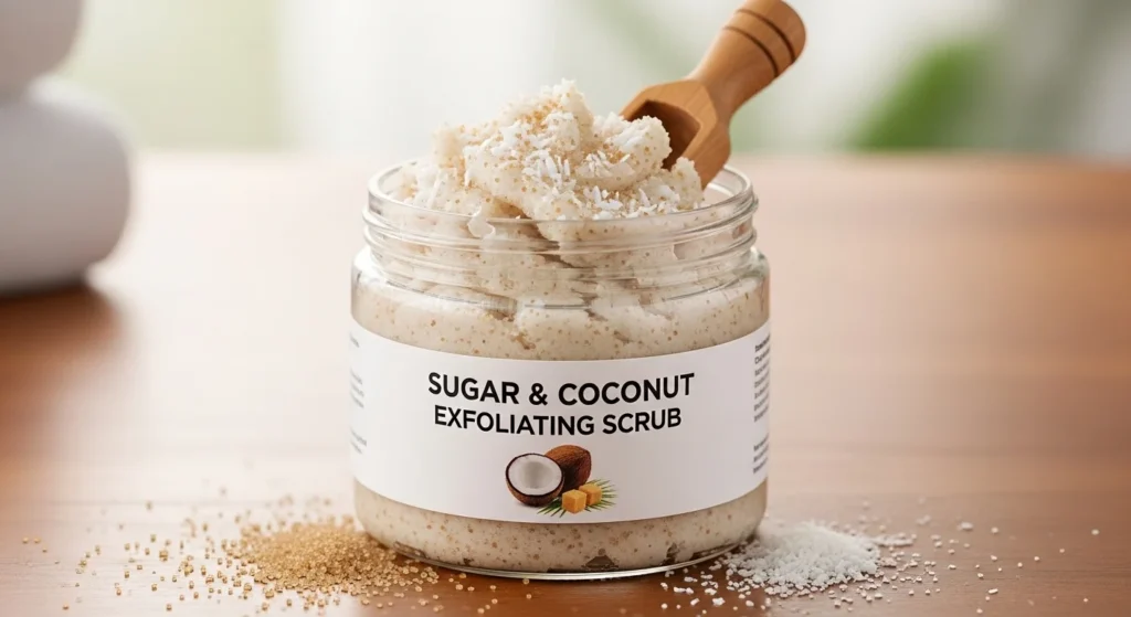 A jar of exfoliating scrub with sugar and coconut oil.