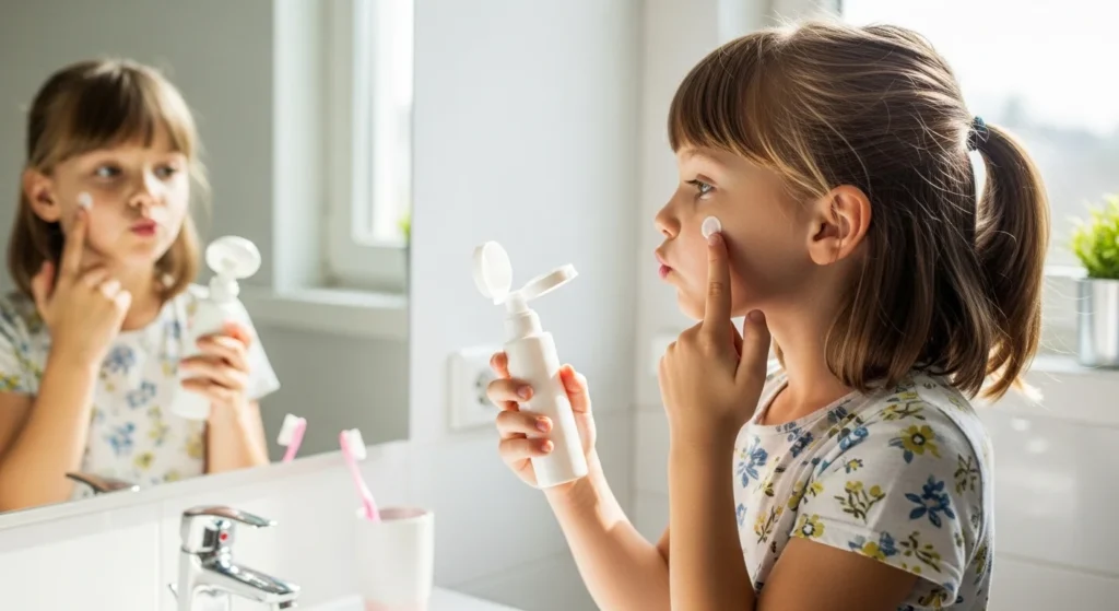 A girl applying sunscreen to her face before heading out.