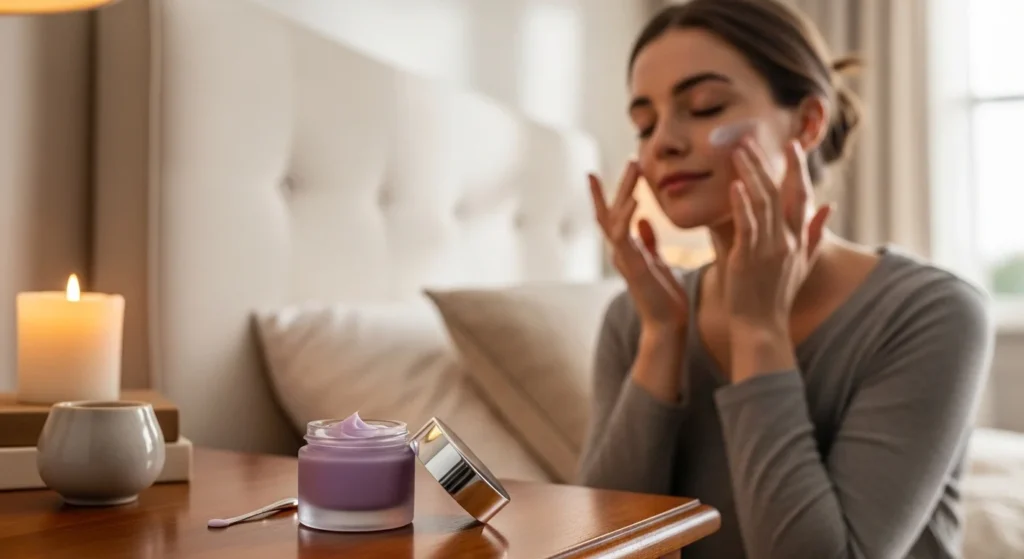 A jar of rich night cream being applied to the face.