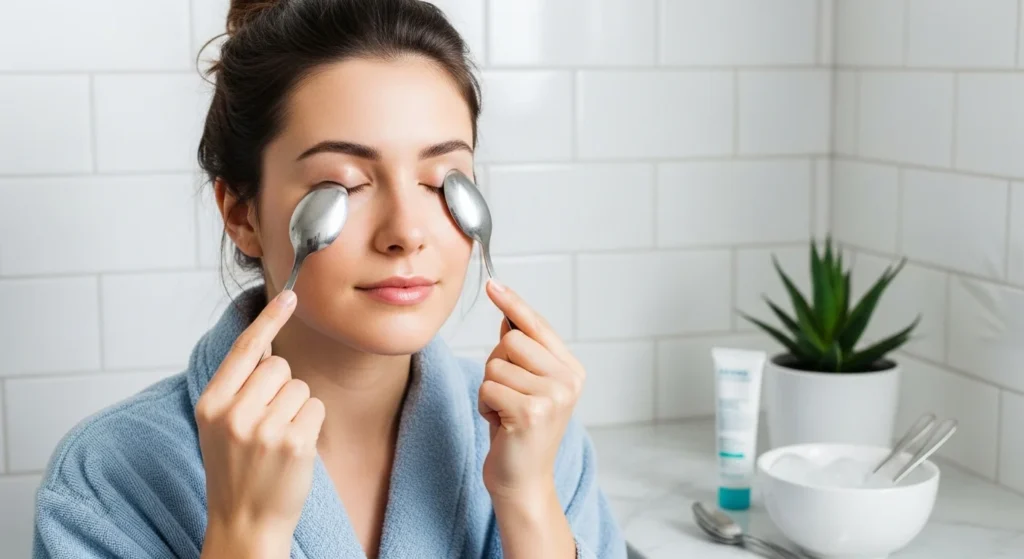 A girl using cold spoons on her eyes for puffiness.
