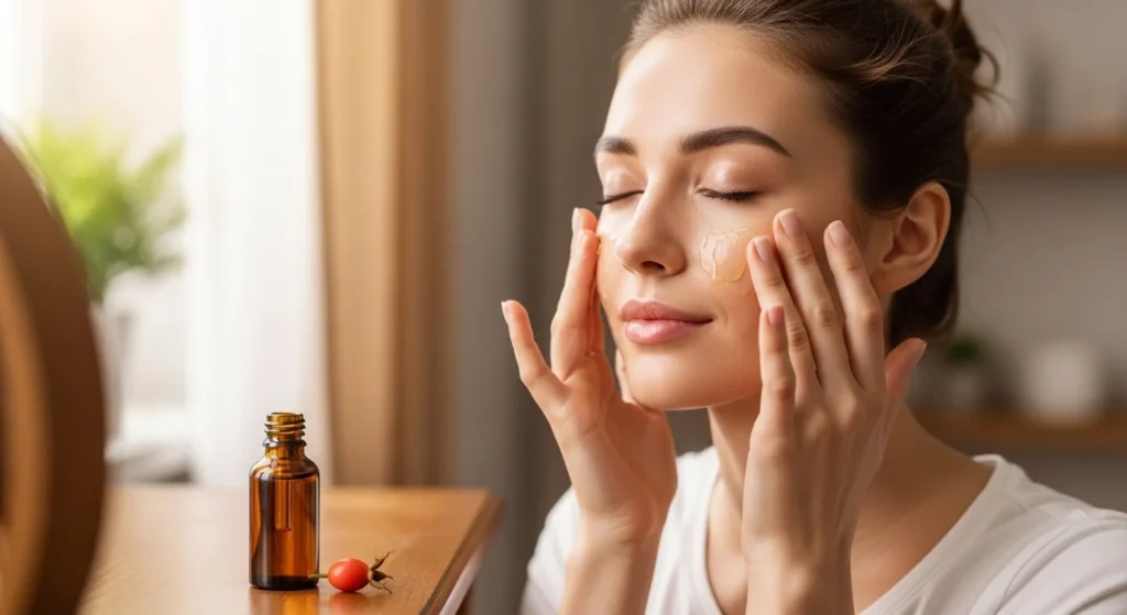 A girl massaging her face with rosehip oil.
