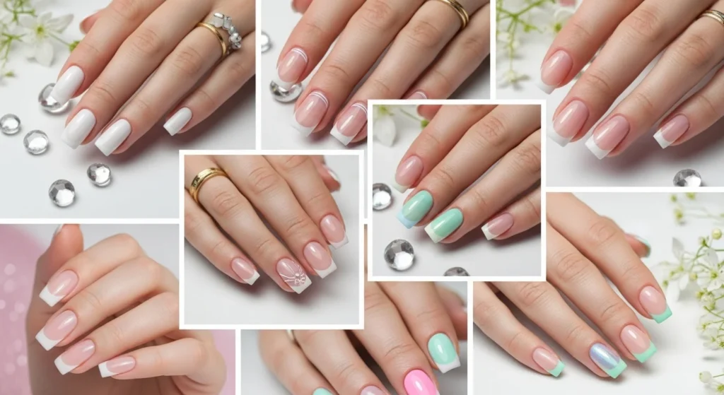 Classic French manicure with clean white tip on oval nails