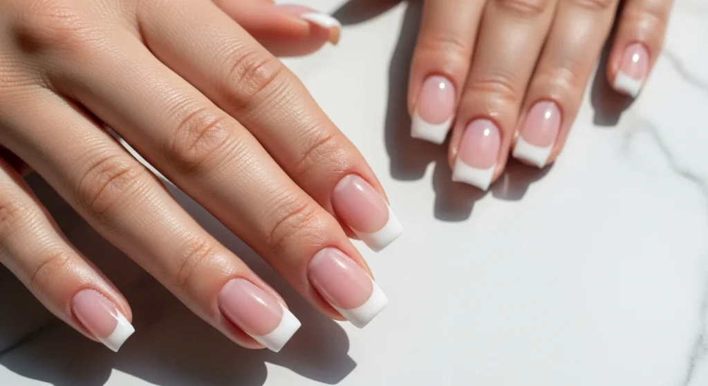 Classic French manicure sheer pink base with crisp white tip on square nails
