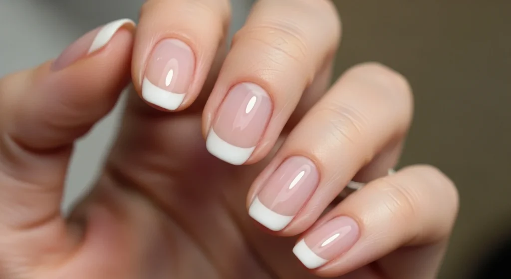 Micro French tip nails ultra-thin hairline white smile line on short oval nails with milky base