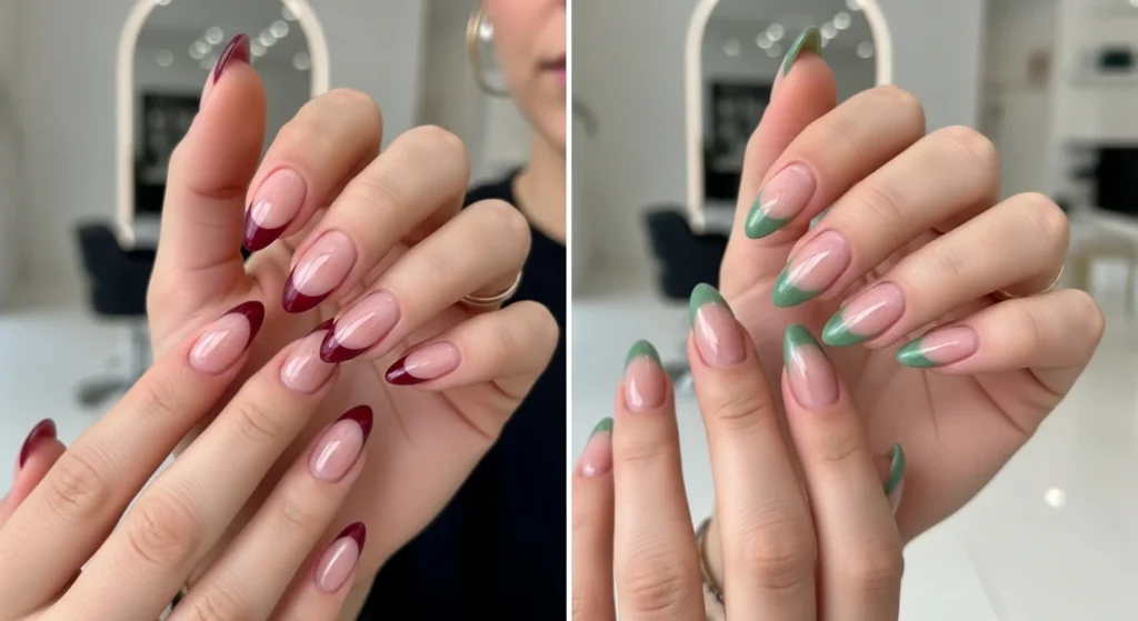 Coloured French tip nails burgundy and sage green tips on a neutral nude base