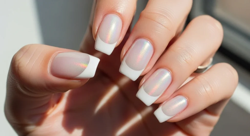 Glow French nails luminous aurora shimmer on white-tipped nails catching natural light