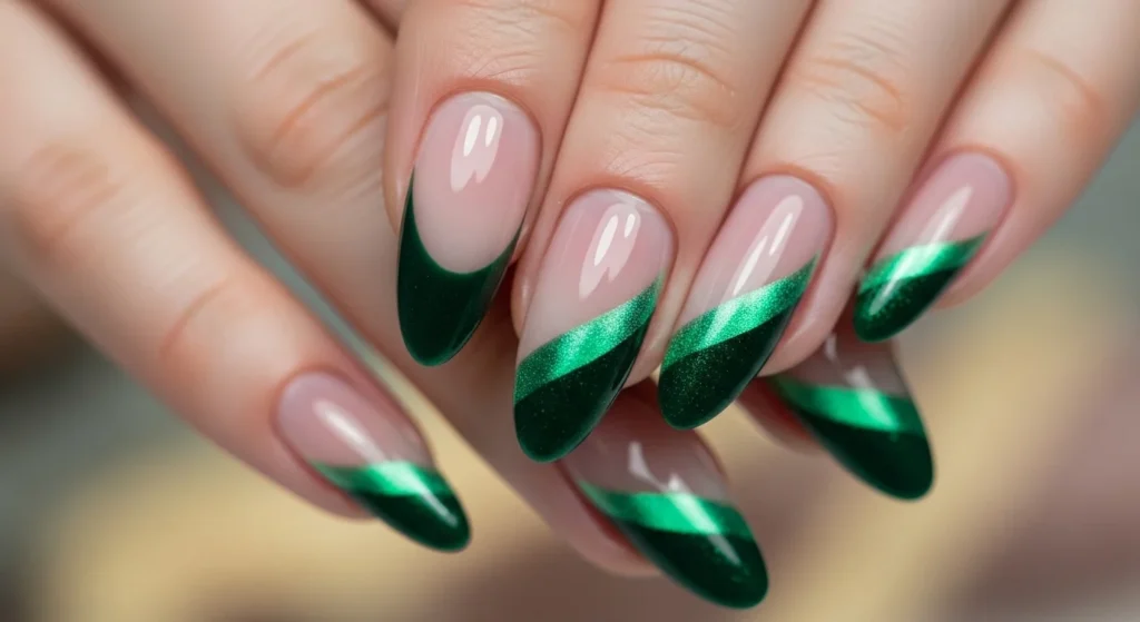 Velvet cat eye French tip nails in deep emerald green with magnetic shimmer on almond nails