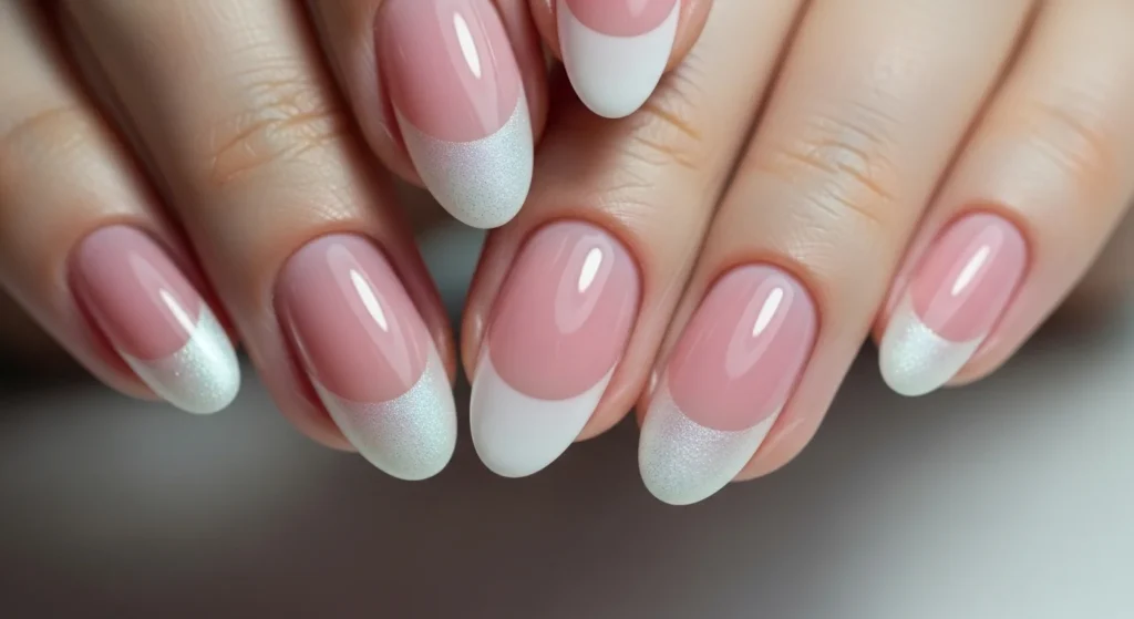 Reverse French nails white or shimmer half-moon accent at base of oval nails