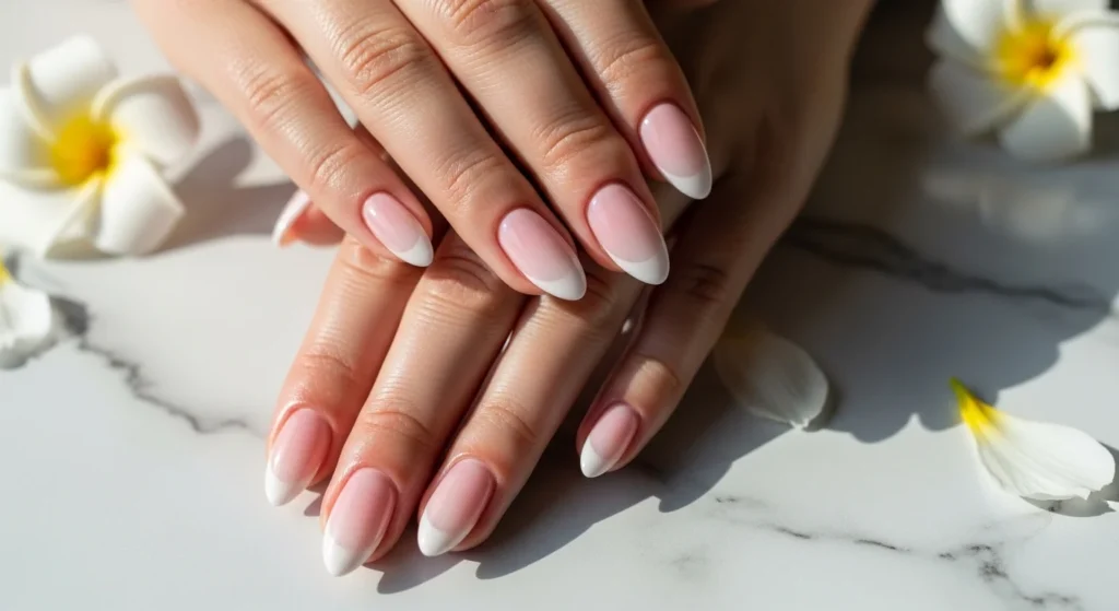 French ombre baby boomer nails soft pink-to-white gradient on medium almond-shaped nails