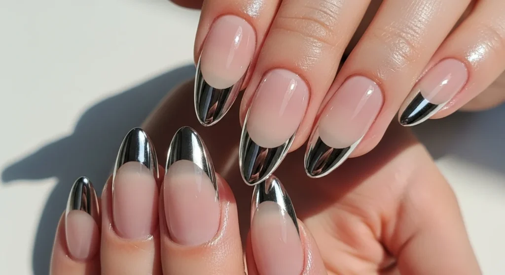 Silver chrome French tip nails liquid-metal reflective tips on sheer nude almond nails