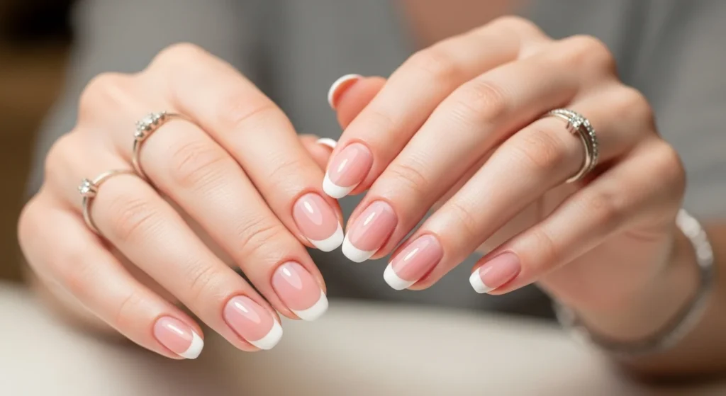 Beautiful French nail manicure 2026 close-up of polished hands with elegant French tip nails